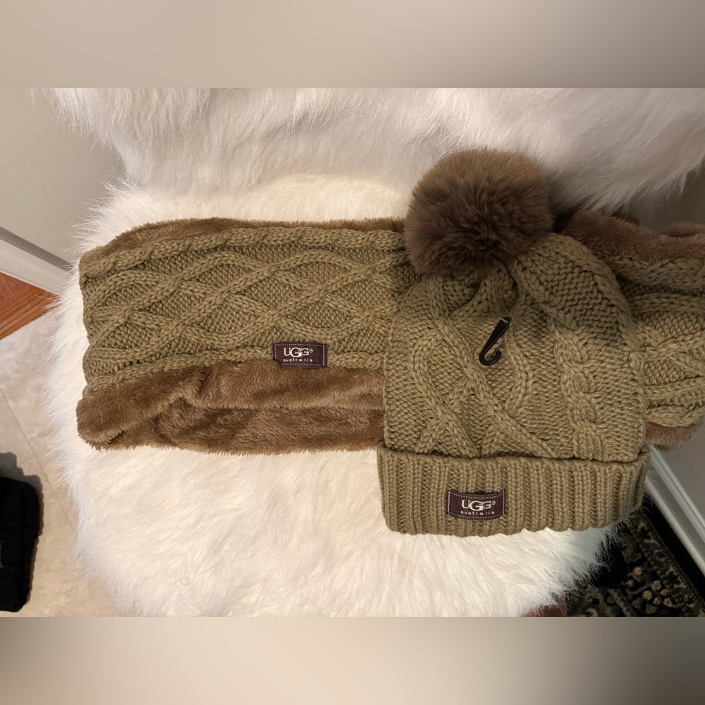 UGG Khaki Knit Beanie and Infinity Scarf Set